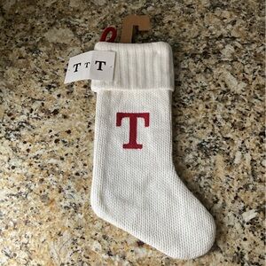 White Target Knit Stocking with Red Initial 'T’
